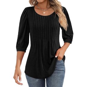 Women's Puff 3/4 Sleeve Tops 2024 Fall Trendy Crew Neck Tunic Top Pleated Casual Loose Dressy T Shirts Blouses