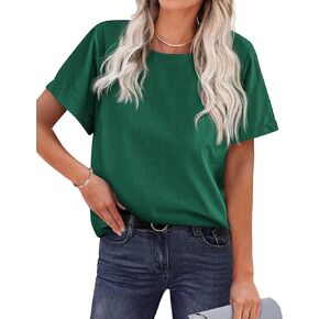 Chigant Women's Linen Shirts Short Sleeve Cotton Blouses Casual Loose Round Collar Solid Boxy Tunics Top
