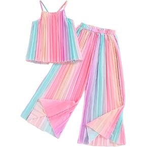 Hilinker Girls Rainbow Pleated Cami Top and Wide Leg Pants Set Cute 2 Piece Summer Outfits