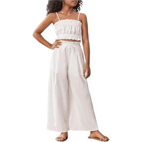 Floerns Girl's 2 Piece Set Ruffle Trim Cami Tops with Paperbag Waist Wide Leg Pants
