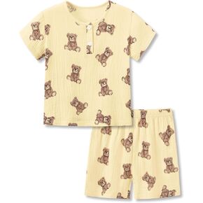 Beezizac 100% Cotton Crinkle Gauze Pajamas for Toddler Boys & Girls Unisex Baby Summer Henley 2-Piece Outfit 2T-5T