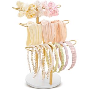 Metal Headband Holder 3-Tier Headband Organizer Gold Headband Holder Organizer Hair Hoop Display Stand with Wooden Base Hairband Organizer for Women Bracelets Bangle Bedroom Storage Decor