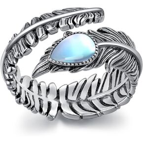 Genuine Turquoise/Moonstone Feather Ring for Women 925 Sterling Silver Oxidized Western Adjustable Ring Navajo Jewelry Gift for Birthday Mother's Day (Size 6-8.5)