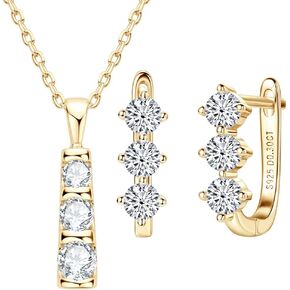 3 Stone Moissanite Pendant Necklace and Hoop Earrings Set