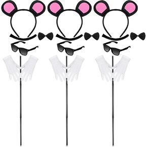 Neer 18 Pcs Halloween Mouse Costume Accessories Mouse Headband Bow Tie Choker Ears Dark Sunglasses Black Can and Mouse Tail