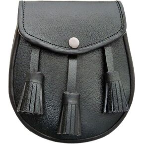 Scottish Kilt Sporran with Tassles - Black Leather Celtic Kilt Pouch with Chain Belt - Classy Kilt Accessories - Elegant Leather Fanny Pack Waist Bag