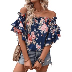SOLY HUX Women's Floral Print Blouse Off Shoulder Ruffle Trim Half Sleeve Summer Tops