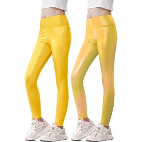 Girls Matallic Leggings Dancing Active Pants High Waist Ankle Length Running Tights for Kids Teen