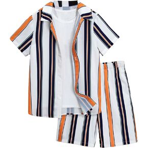 Verdusa Boy's 2 Piece Outfits Striped Print Short Sleeve Collared Button Down Shirt and Shorts Set