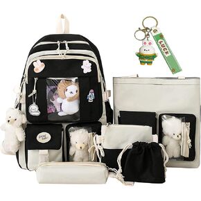 Kawaii Backpack 5pcs Set 17in Aesthetic sports bag with Cute Backpack, Shoulder Bag, Pencil Box, Tote Bag, Small Bag (Green backpack)