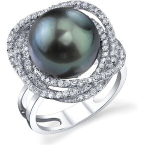The Pearl Source 18K Gold 12-13mm Round Genuine Black Tahitian South Sea Cultured Pearl & Diamond Braided Ring for Women