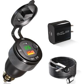 Motorcycle Power Adapter Hella DIN Plug to USB Charger Waterproof for BMW Triumph Tiger Ducati Motorcycle, USB C PD 3.0 DIN to USB Adapter QC 3.0 Power Socket Outlet with Voltmeter and ON-Off Switch