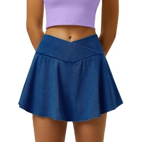 Womens Crossover Pleated Tennis Flowy Skirt Knit Denim 2 in 1 Spandex Athletic Butterfly Workout Skorts with Pocket