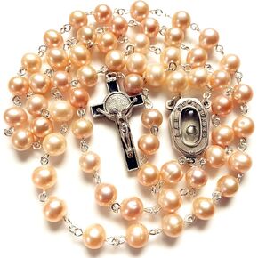 elegantmedical HANDMADE Pink freshwater Pearls Lourdes Water MEDAL ROSARY CATHOLIC NECKLACE Cross Box