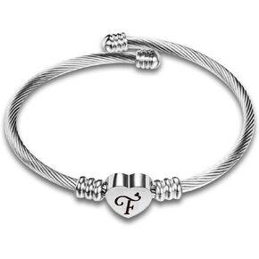 Love Heart Initial Letter Cuff Bracelets for Women Silver Initial Name Bangle Friends Gift Couple Valentines Day Family Birthday Anniversary