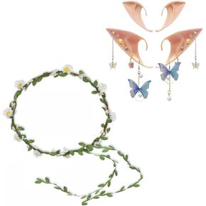Elf Ears with Piercings Earring Cuffs Butterfly Earring Flower Crown Set,Cosplay Pixie Fairy Elf Headband Soft Pointed Tips,for Vampire Dress up