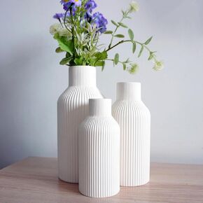 Ribbed White Ceramic Vase Set of 3, Minimalist Matte Ceramic Flower Vases Home Decorations, for Coffee Table Tray and Shelf Decor (Straight Stripes)