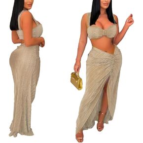 Sexy 2 Piece Outfits for Women Summer Club Split Long Skirt Set Party Sleeveless Crop Top