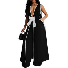Womens Sleeveless Suit Vest Dress Wide Leg Pants Business Casual Blazer Set Multi Pockets Overalls