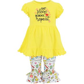 Unique Baby Girls Ruffle Capri Eat Sleep School Repeat Back to School 2pc