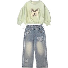 Peacolate 4Y-10Y Spring Fall Little Big Girls T Shirt and Jeans 2pcs Clothing Sets