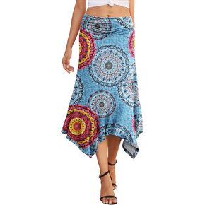 PrinStory Women's Casual Elegant Flowy Handkerchief Hemline Midi Skirt