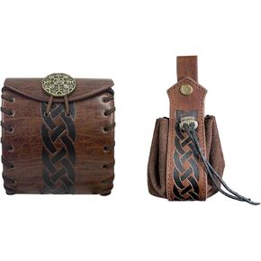 2 PCs Medieval Faux Leather Belt Bag, Renaissance Drawstring Pouch Dice Bag, Vintage Side Pack Coin Purse for LARP (Brown A)