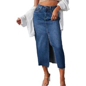 AiMgFUN Jean Skirt for Women Denim Skirt with Pockets Mid Waist Long Split Skirts