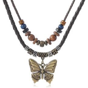 Braided Women Leather Boho Hipppie Double Layered Wooden Bead Necklace Metal Butterfly Pendant Vintage Tribal Stylish And Niche Design