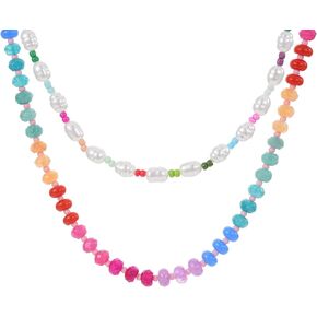 2Pcs Beaded Multicolor Necklace for Women, Pearl and Glass Bead Surfer Necklace Summer Beach Handmade Jewelry