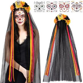 DPKOW Halloween Day of the Dead Headband Veil Rose Floral Crown Sugar Skull Face Tattoos Halloween Costume Accessories