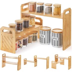 3 Tier Kitchen Corner Shelf, Adjustable Bamboo Storage Countertop Organizer, Spice Rack Space Saving Organization for Coffee Station, Bathroom Dresser Table, Plant Shelf (Nature)