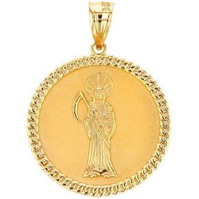 10k Yellow Gold Santa Muerte (Grim Reaper) Cuban Link Frame Medallion Pendant