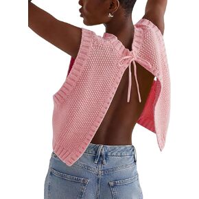 Women's Crewneck Sweater Tank Sleeveless Tie Up Vest Backless Slit Knit Crop Tops Y2K Casual Trendy Outfits