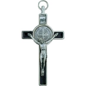 St. Benedict Crucifix with Round St. Benedict Medal Inlay | 3" Silver-Tone and Black Enamel Cross with Cord and Booklet | Patron Saint of Students and Europe | Made in Italy