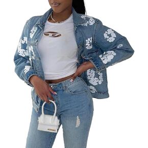 Angsuttc Jean Jacket Women Flower Print Collared Button Down Long Sleeve Denim Jackets