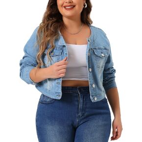 Agnes Orinda Plus Size Denim Jackets for Women Collarless Chest Pockets Button Down Crop Jean Jackets