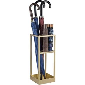 MyGift 20 Inch Tall Modern Brass Tone Metal Geometric Freestanding Entryway Umbrella Rack or Cane Holder with Shelf for Small Umbrellas and Bottom Drip Tray