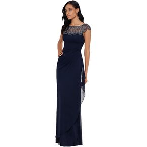 Xscape Women's Short Sleeve Beaded Illusion Neckline Ruched Gown