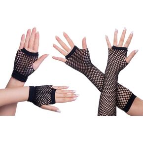 2 Pairs Women Fishnet Gloves,Long and Short Set Mesh Fingerless Gloves for 80s Theme Party Halloween Costume
