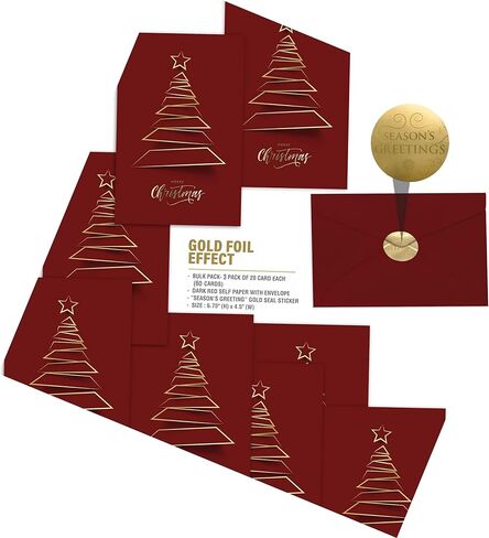 easykart labels 20 Christmas Greeting Cards with Gold Foiling Xmas Tree ,Dark Red Self Paper with Red Envelope , 6.75 x 4.5 Inch Merry Christmas Cards with Seal Stickers For Friends , Family and loved Ones… in Saudi Arabia