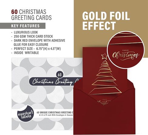 easykart labels 20 Christmas Greeting Cards with Gold Foiling Xmas Tree ,Dark Red Self Paper with Red Envelope , 6.75 x 4.5 Inch Merry Christmas Cards with Seal Stickers For Friends , Family and loved Ones… in Saudi Arabia