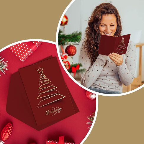 easykart labels 20 Christmas Greeting Cards with Gold Foiling Xmas Tree ,Dark Red Self Paper with Red Envelope , 6.75 x 4.5 Inch Merry Christmas Cards with Seal Stickers For Friends , Family and loved Ones… in Saudi Arabia