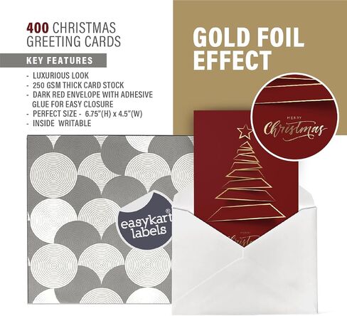 easykart labels 20 Christmas Greeting Cards with Gold Foiling Xmas Tree ,Dark Red Self Paper with Red Envelope , 6.75 x 4.5 Inch Merry Christmas Cards with Seal Stickers For Friends , Family and loved Ones… in Saudi Arabia
