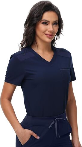 Women's V-Neck Scrub Top with One Chest Pocket - Soft Stretchy Medical Uniforms - Tuck in Nurse Scrubs in Saudi Arabia
