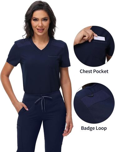 Women's V-Neck Scrub Top with One Chest Pocket - Soft Stretchy Medical Uniforms - Tuck in Nurse Scrubs in Saudi Arabia