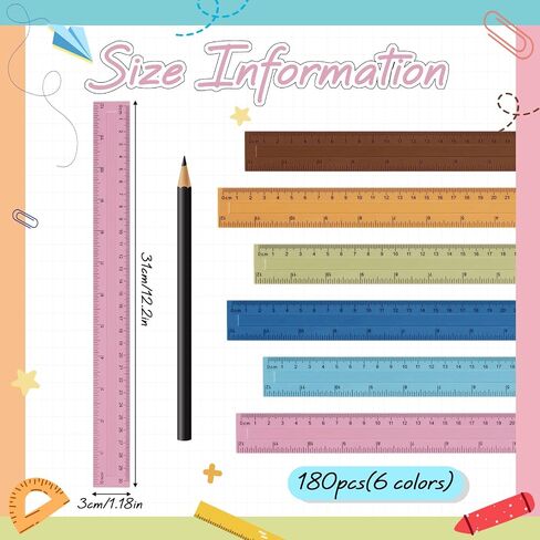 180 Pcs 12 Inch Clear Plastic Rulers Bulk for Classroom Kids Color Rulers Bulk Measurement Ruler with Centimeters Millimeter and Inches Back to School Supplies for School Home Office in Saudi Arabia