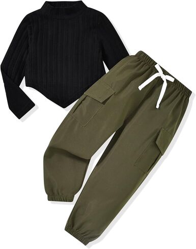 HINTINA Toddler Little Girl 2 Pieces Outfits Cargo Jogger Pants Set in Kuwait