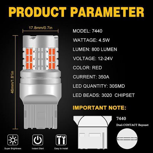 Sidaqi 7440 T20 LED لمبة حمراء فائقة السطوع 3020 شرائح T20 7441 WY21W 7440NA LED لمبات بديلة لأضواء الفرامل وأضواء الذيل - حزمة من 2 in Kuwait