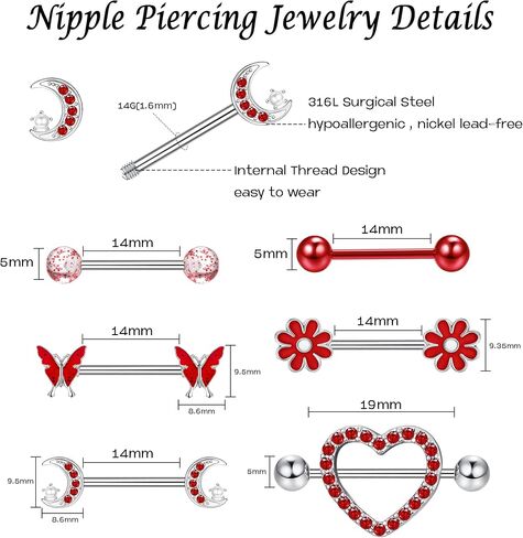 Kakonia 14 Gauge Nipple Rings Stainless Steel Cute Nipple Piercing Jewelry Nipple Barbells Heart Butterfly Moon CZ Flower Nipple Jewelry in Saudi Arabia